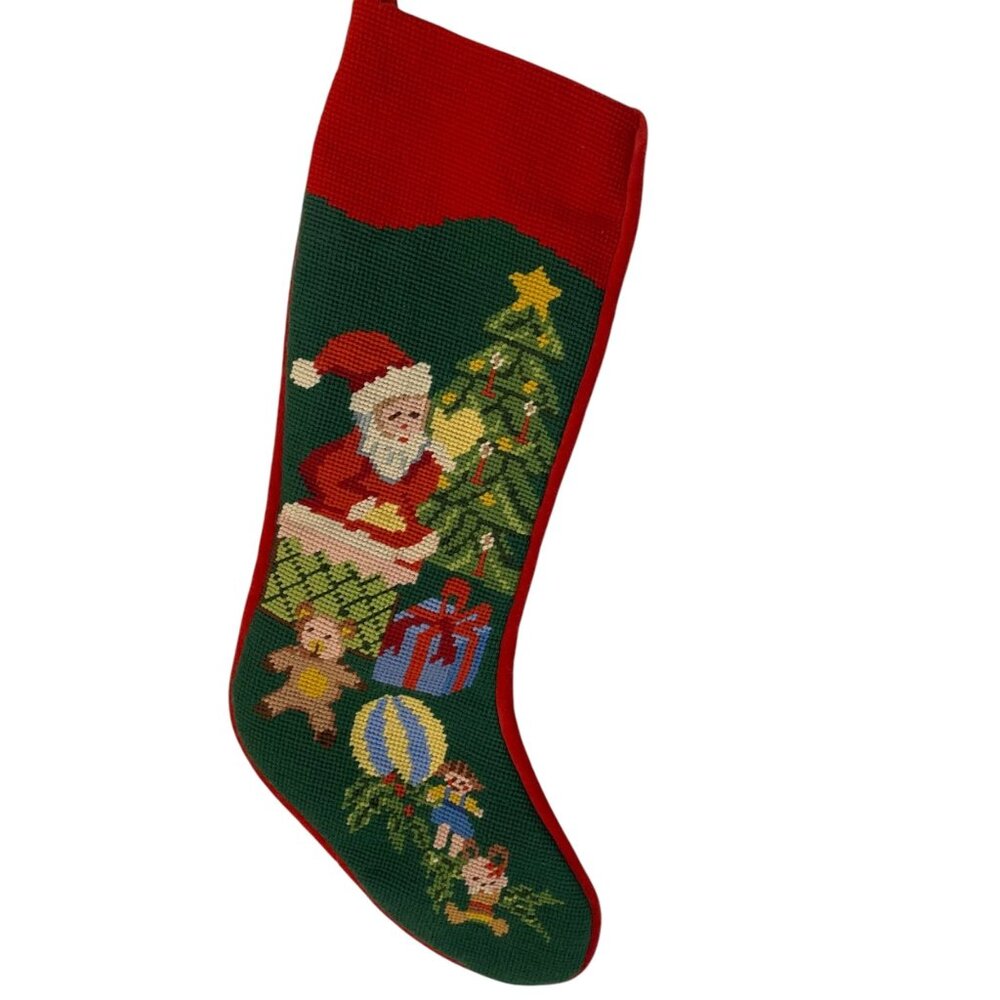 Handmade Needlepoint Red Velvet Christmas Stocking ‎ Santa Claus & Teddy Bear